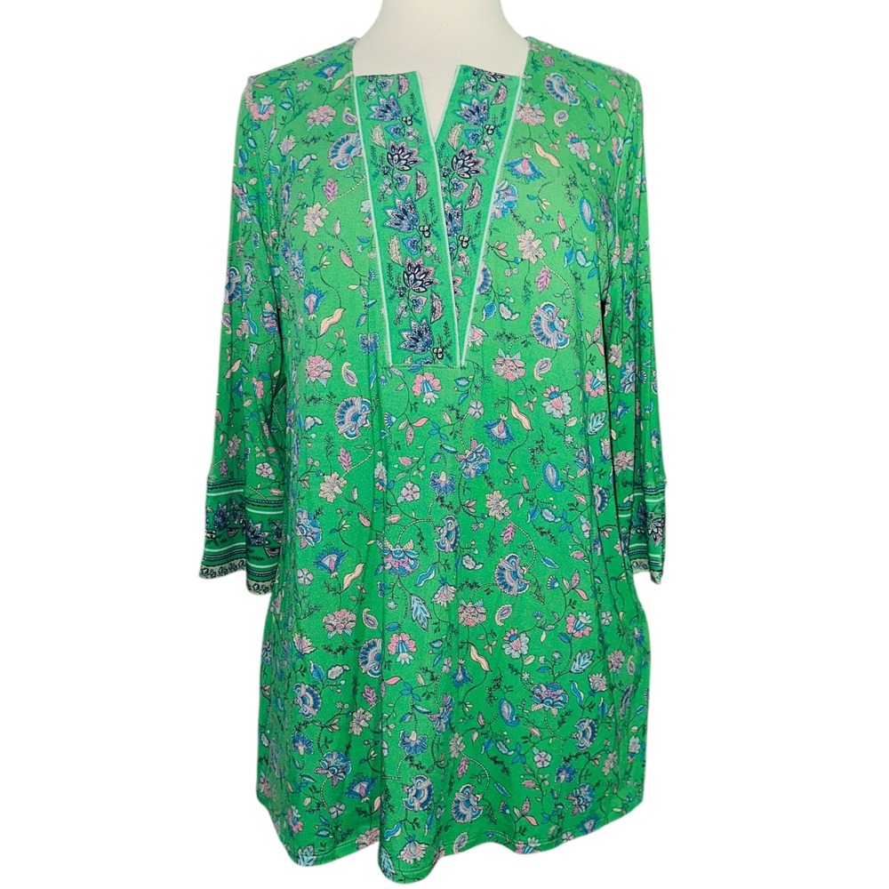 NB1 J Jill Wearever Green Tunic Leaf Womens Medium Split Neck Top Shirt Blouse - Picture 2 of 7